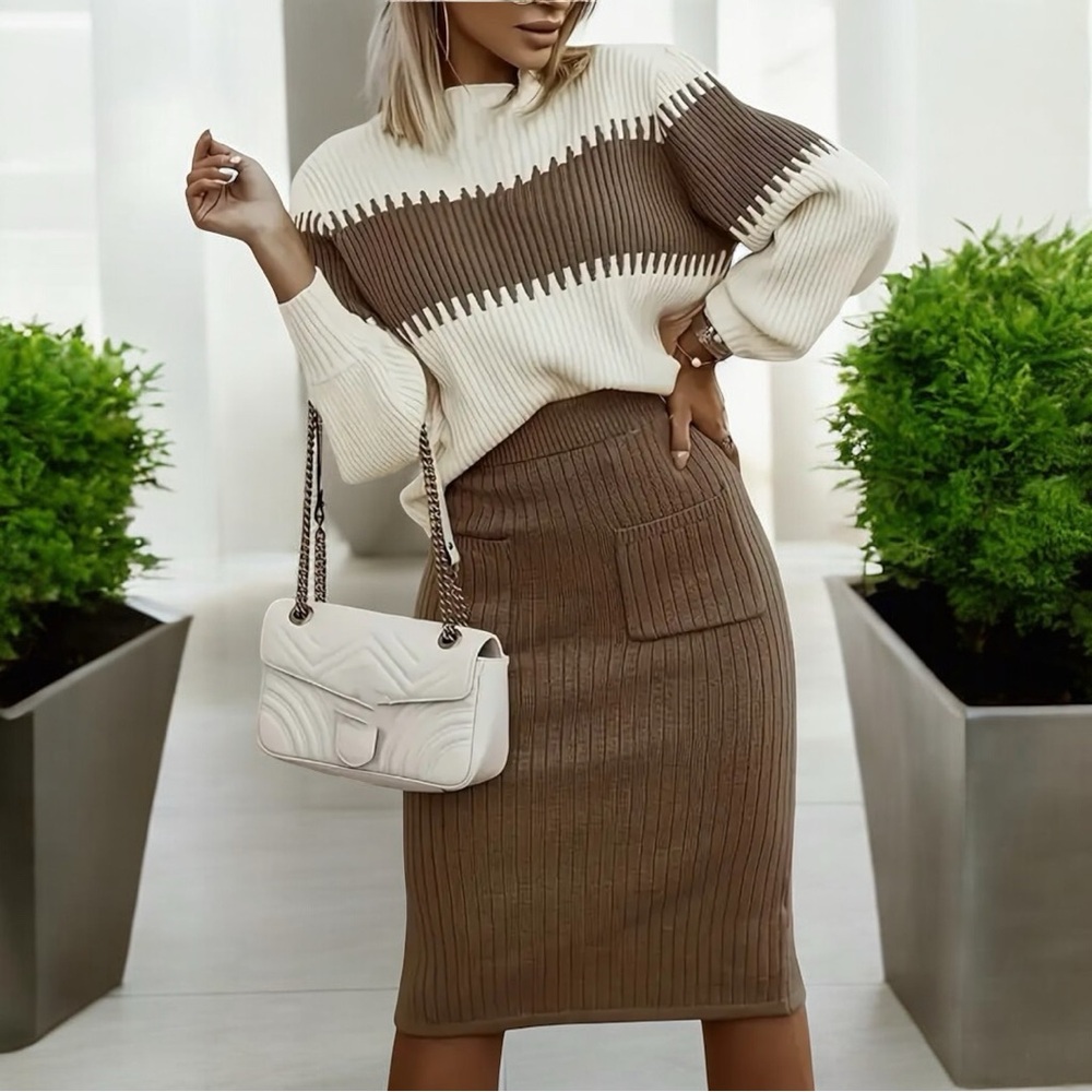 Sexy Brown & Cream Ribbed Sweater & Skirt Set, Pockets & Slits - Picture 1 of 6